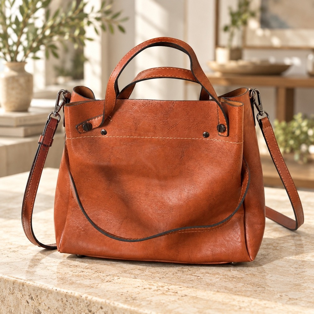 Cognac Leather Tote Bag Crossbody Handbag with Adjustable Strap Brown